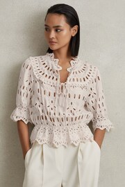 Reiss Cream Kyra Broderie Tie Neck Blouse - Image 1 of 5