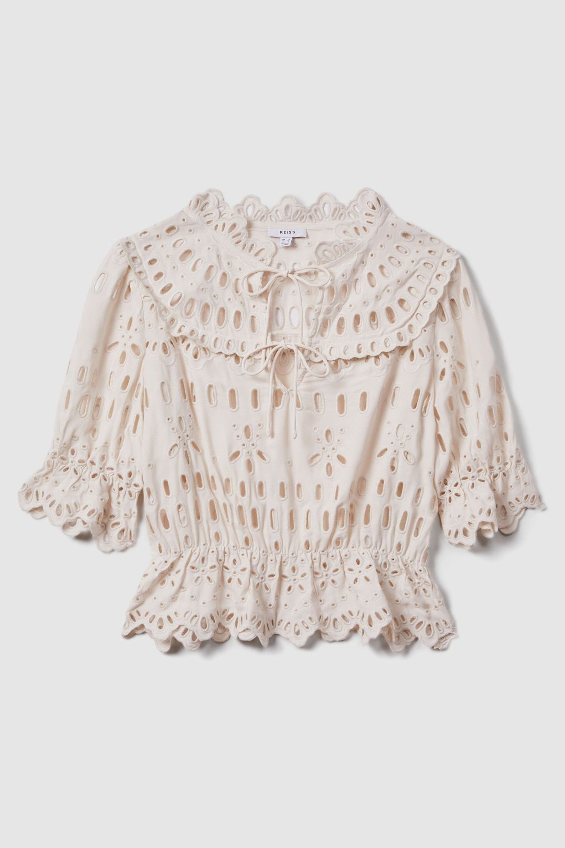 Reiss Cream Kyra Broderie Tie Neck Blouse - Image 2 of 5