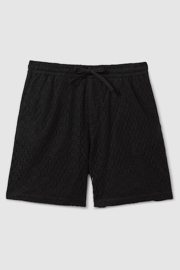 Reiss Black Prez Cotton Blend Crochet Drawstring Shorts