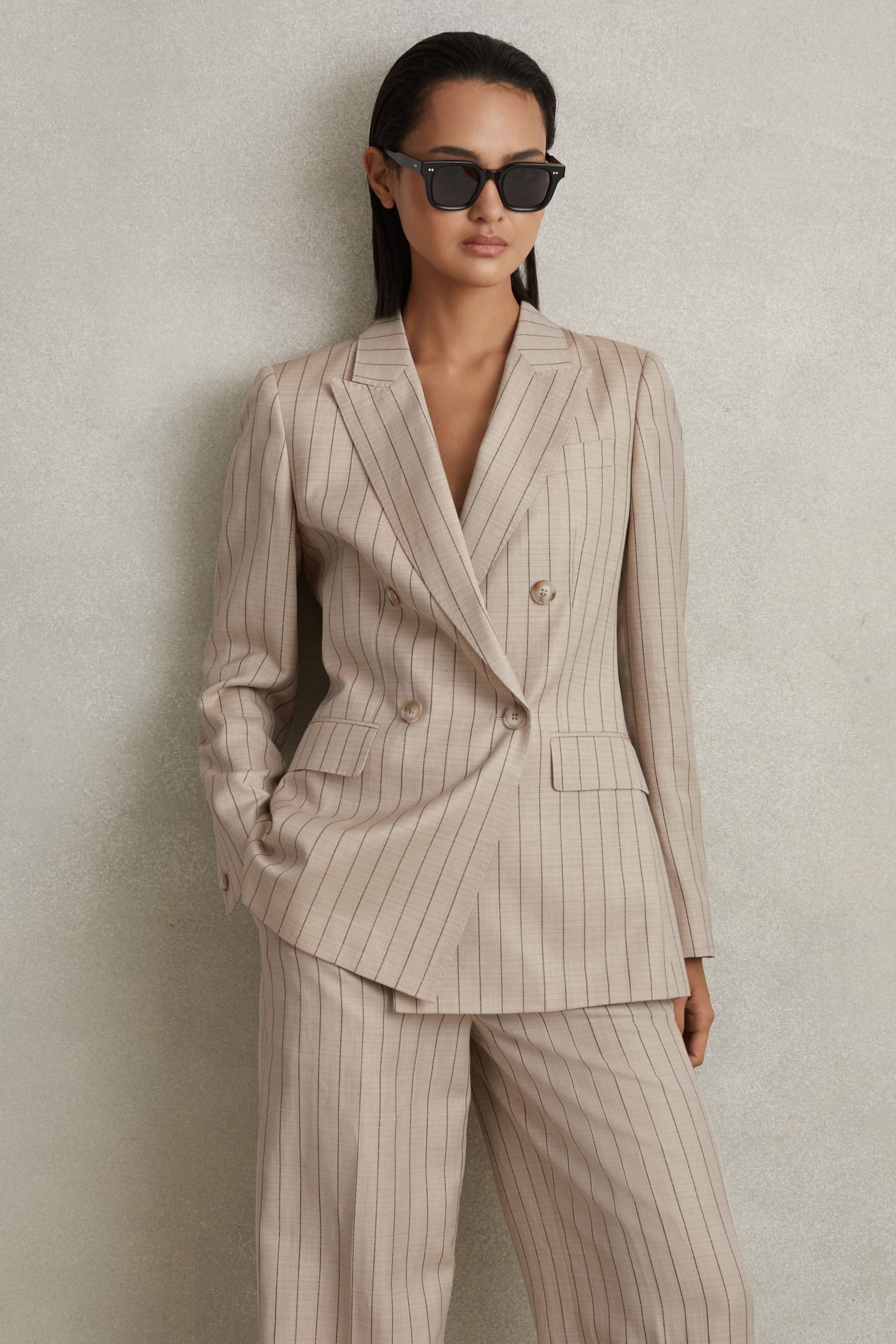 Reiss Neutral Odette Wool Blend Striped Double Breasted Blazer - Image 3 of 6