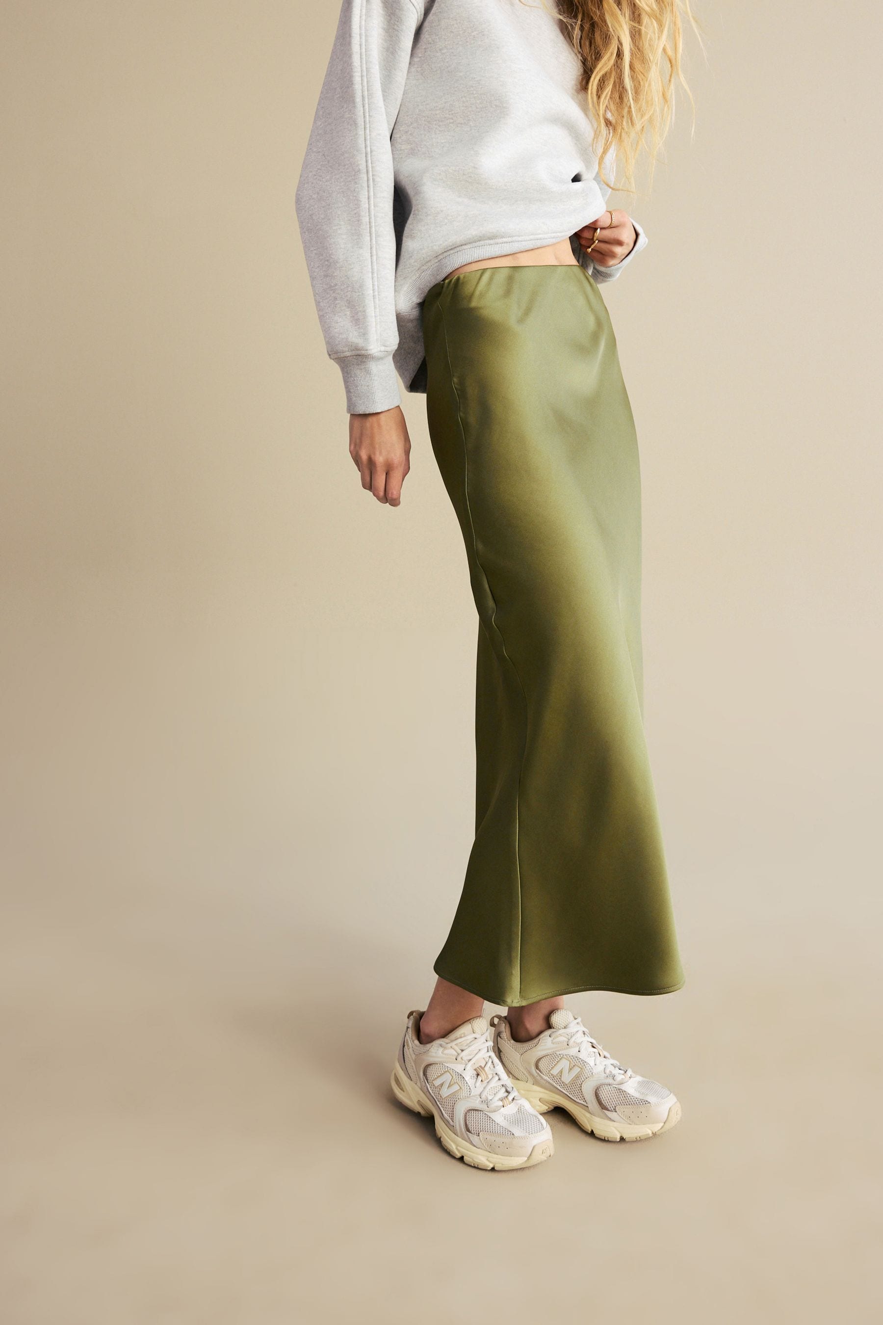 Khaki Green Satin Midi Skirt