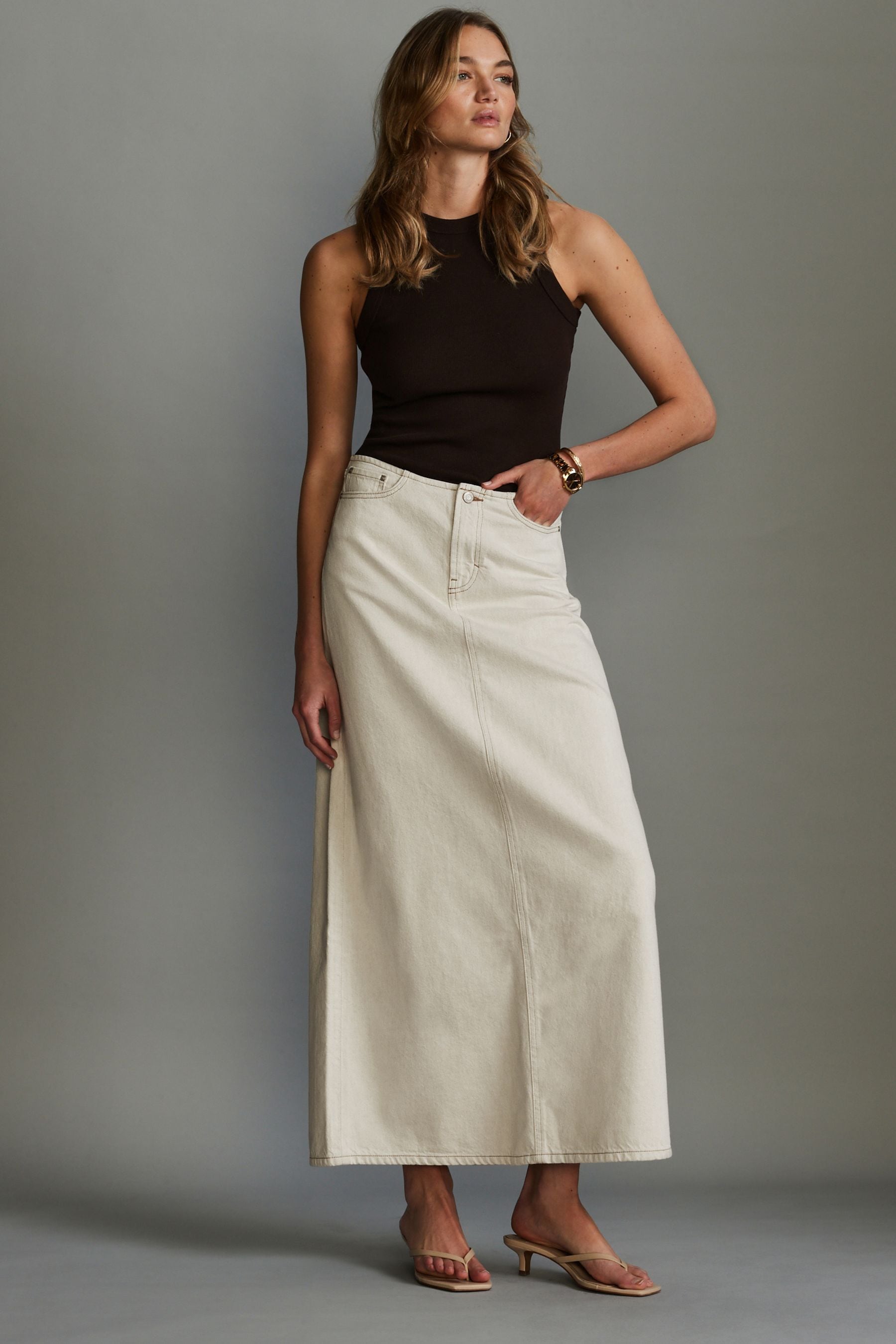 Buy Ecru Beige Denim 100 Cotton Midi Skirt from the Next UK online shop