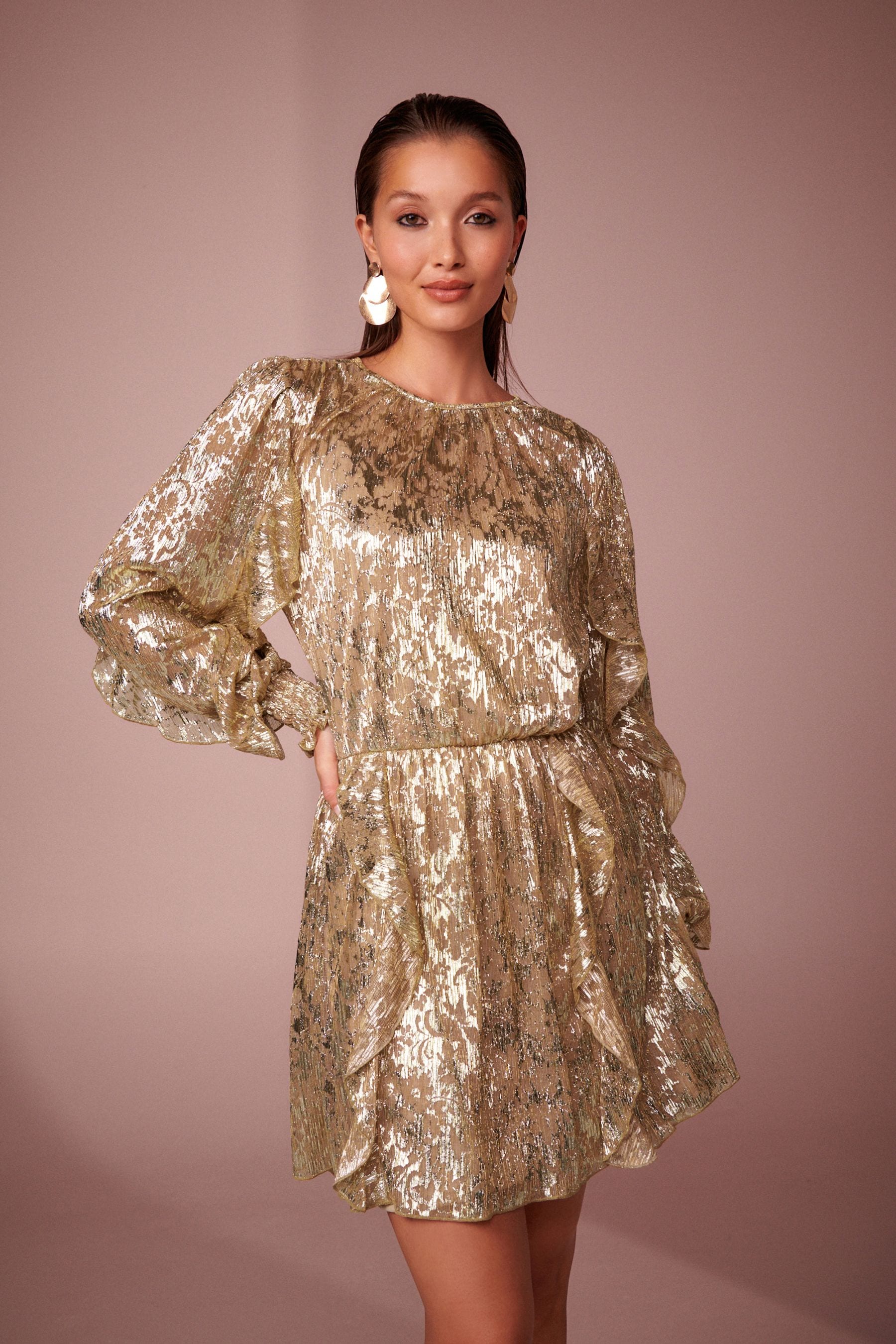 Buy Gold Mini Jaquard Ruffle Dress from Next Luxembourg