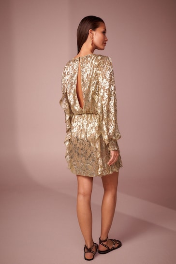 Gold Mini Jaquard Ruffle Dress