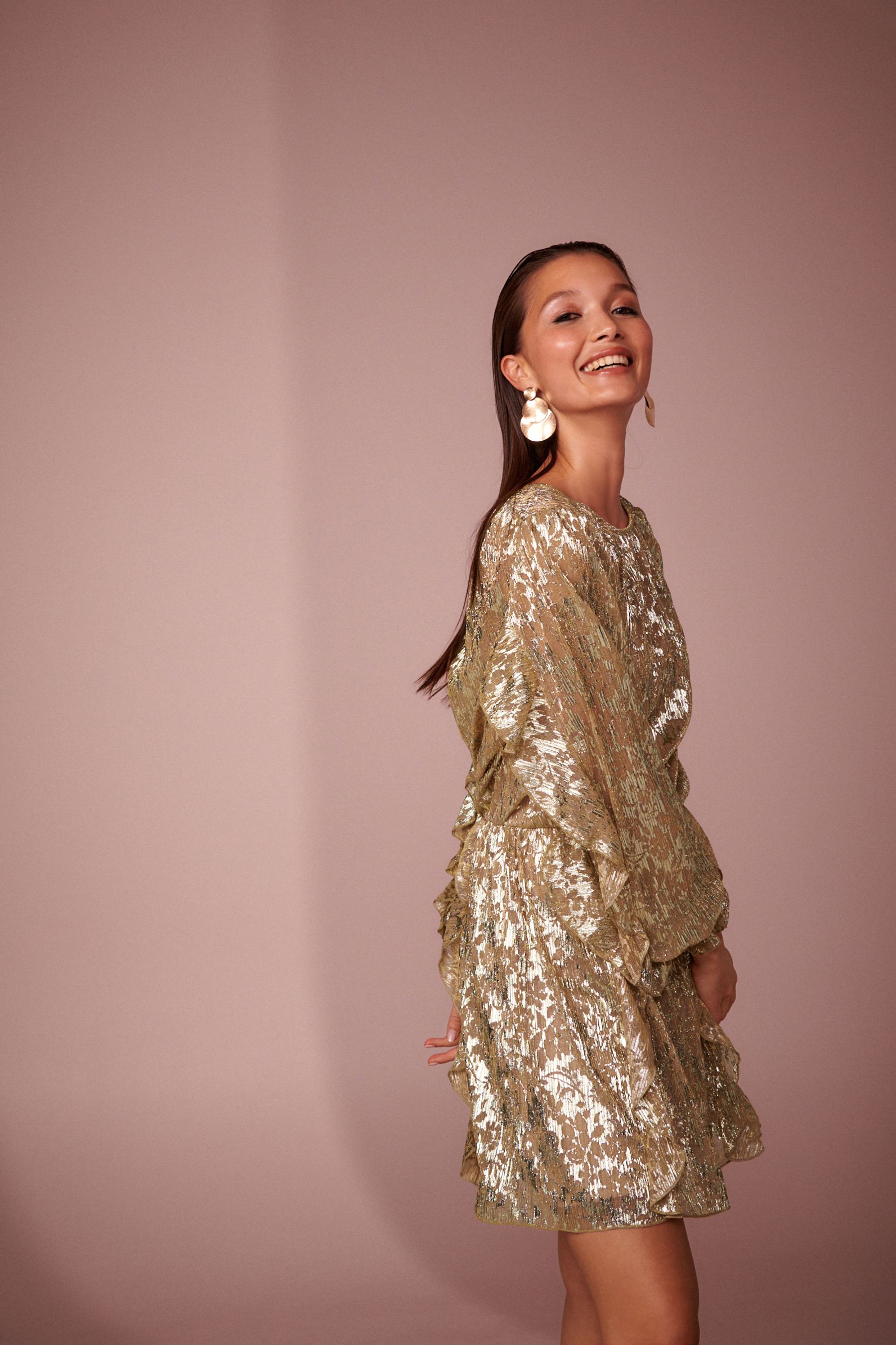 Buy Gold Mini Jaquard Ruffle Dress from Next Luxembourg