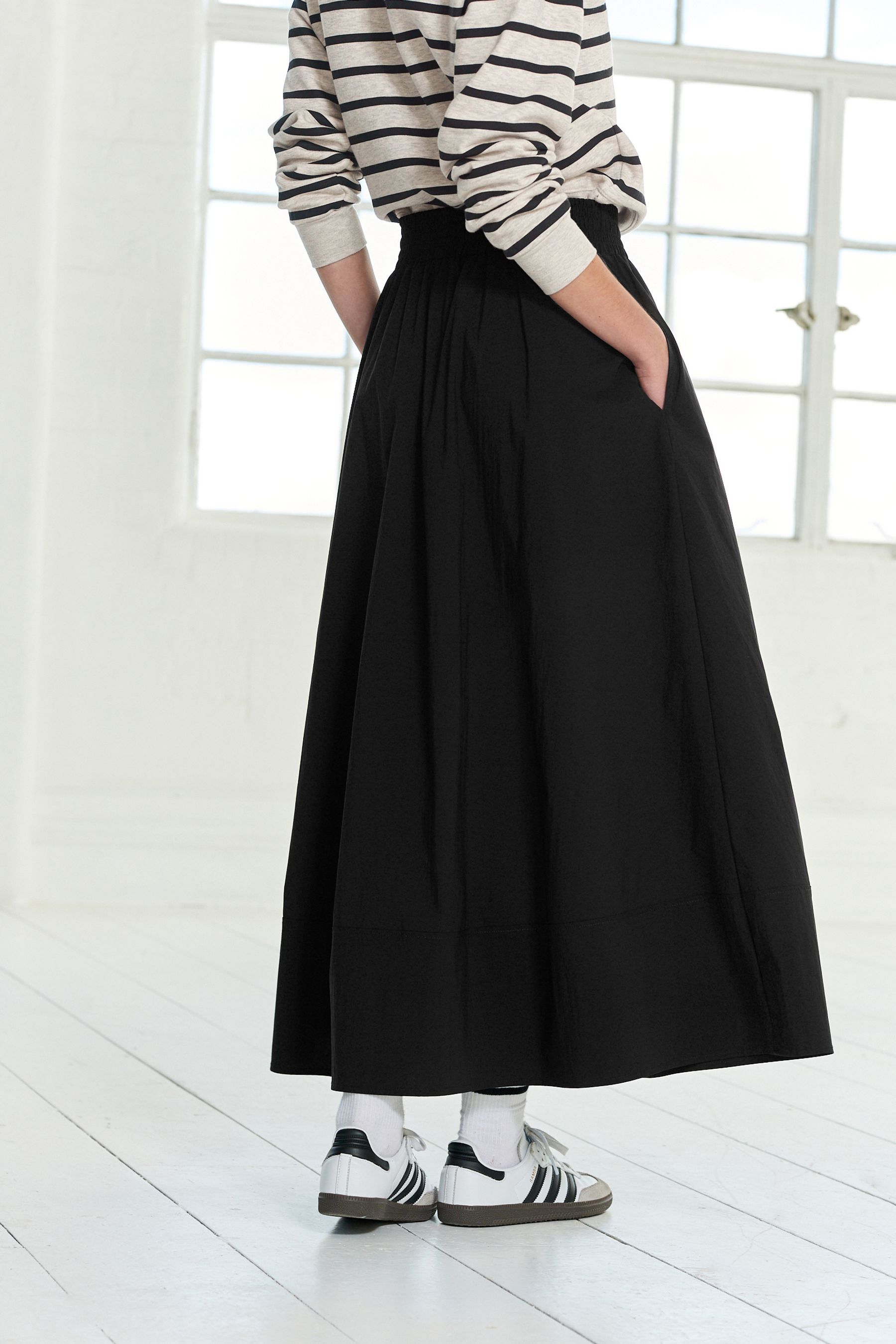 Buy Black Poplin Midi Shirred Waist Skirt from Next Canada