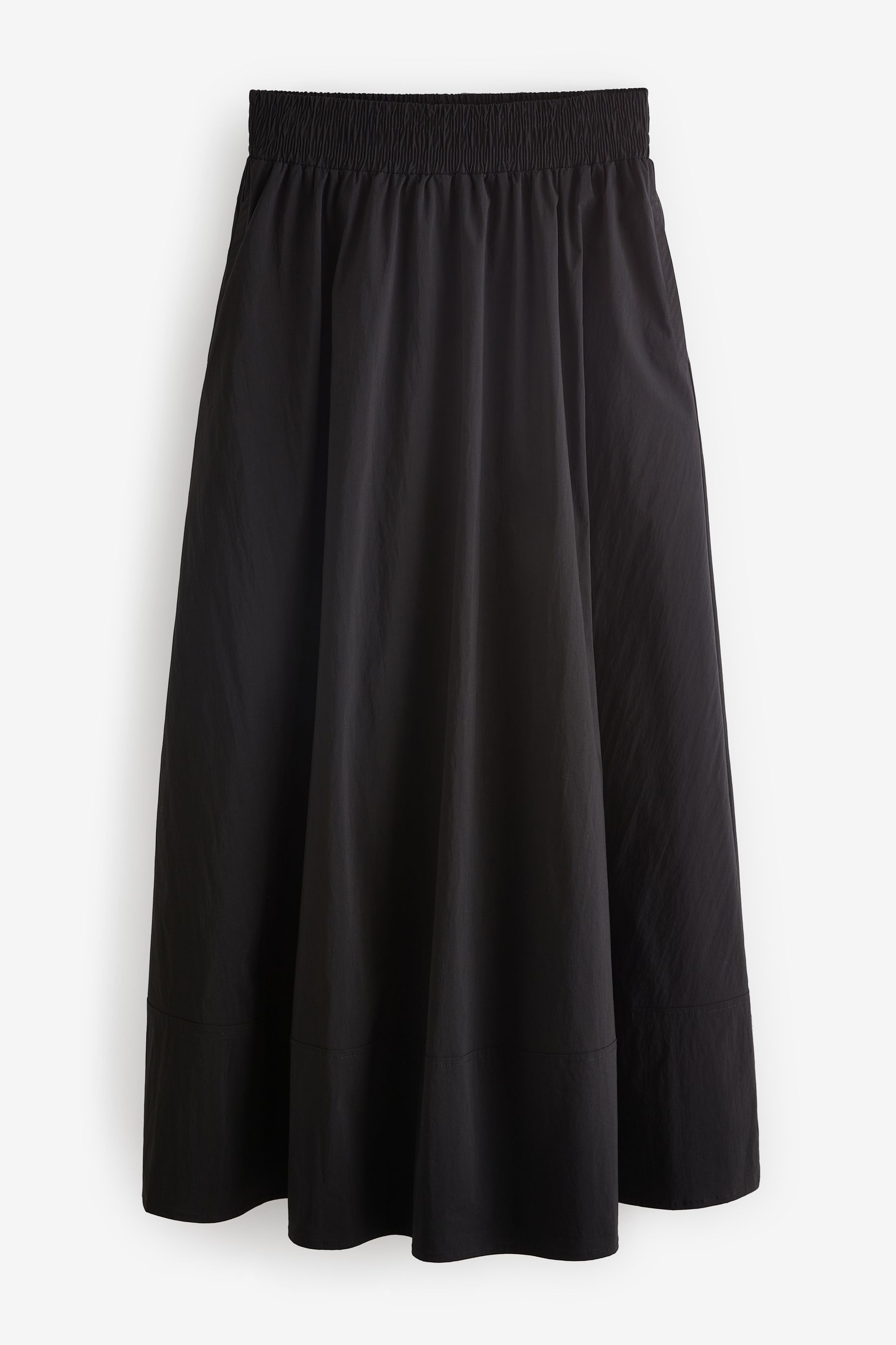 Black Poplin Midi Shirred Waist Skirt