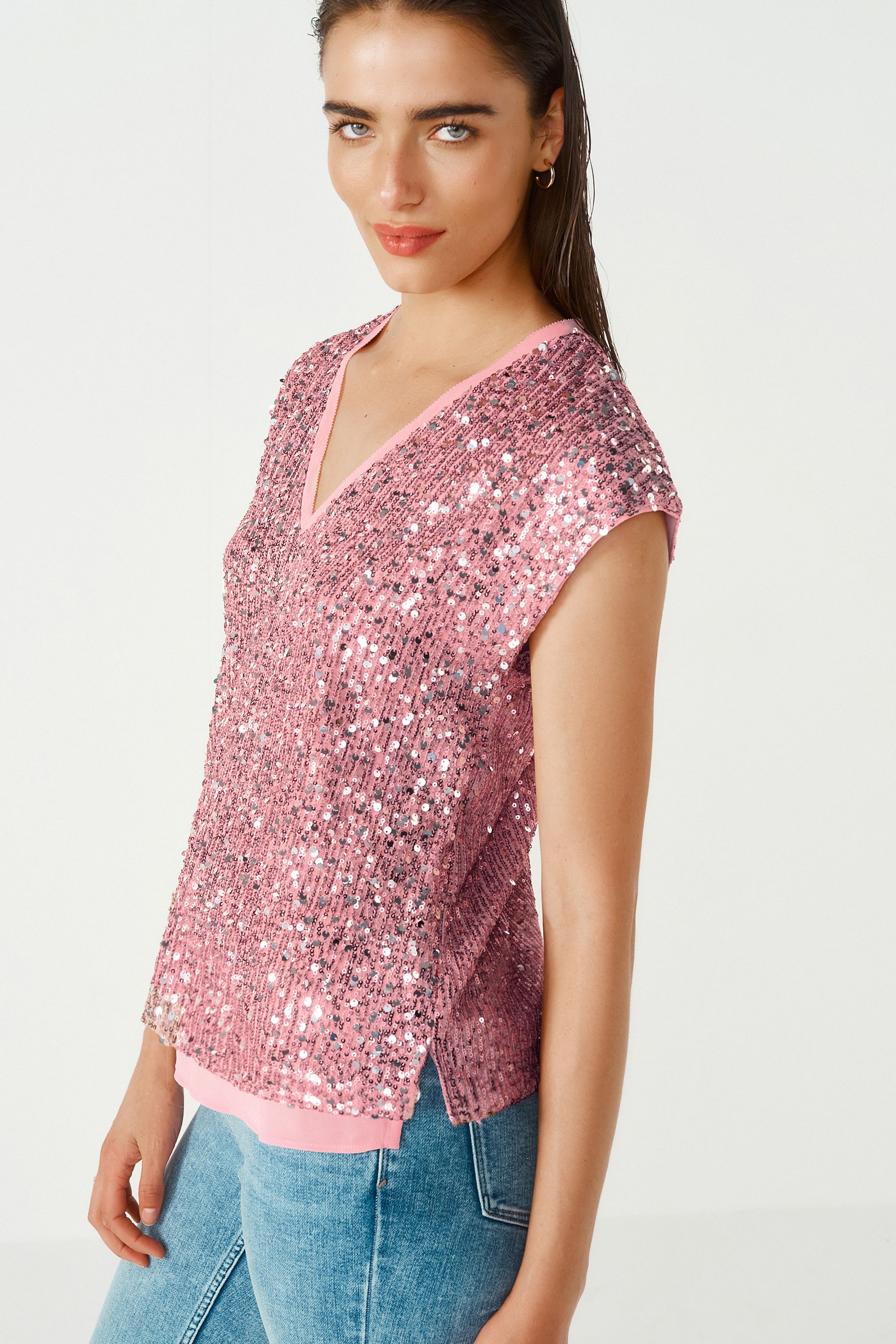 Pink sparkly tops sales