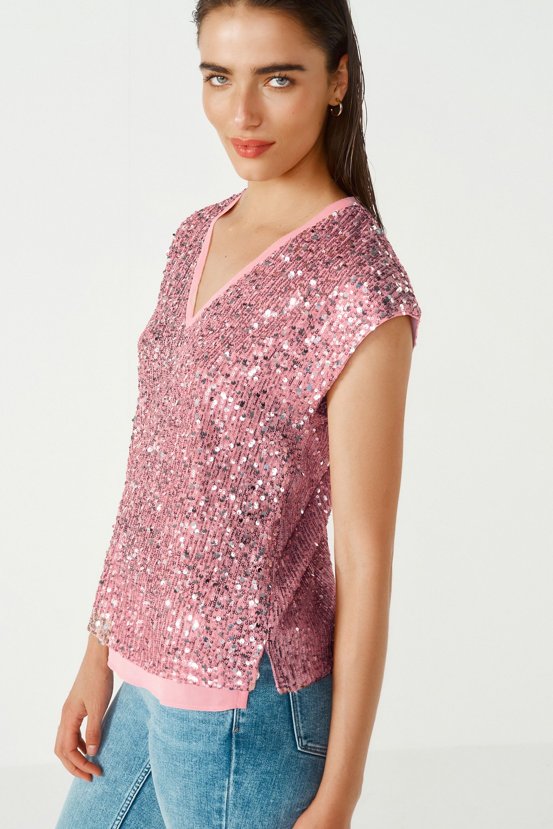 Pink Sequin V-Neck Top - Image 1 of 5