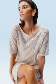 Cream Short Sleeve Sequin Dress - Image 3 of 7