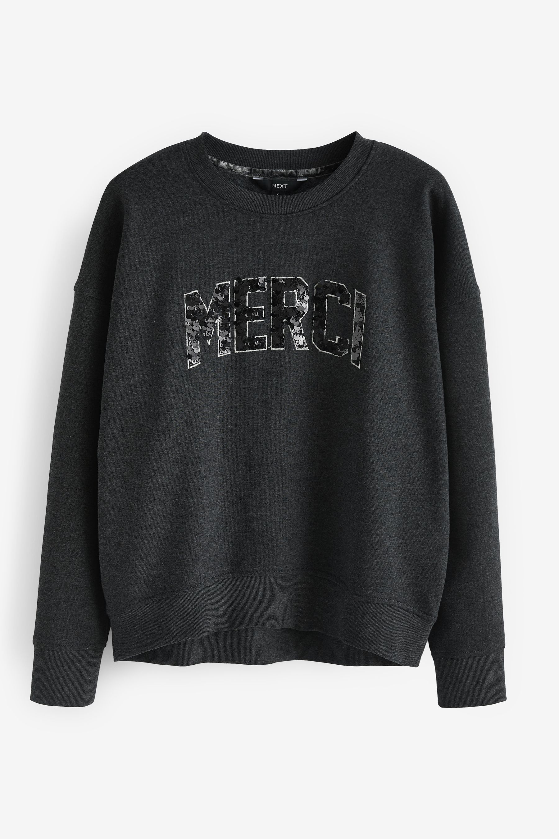Buy Charcoal Grey Marl Graphic Sequin Merci Sweatshirt from Next Luxembourg