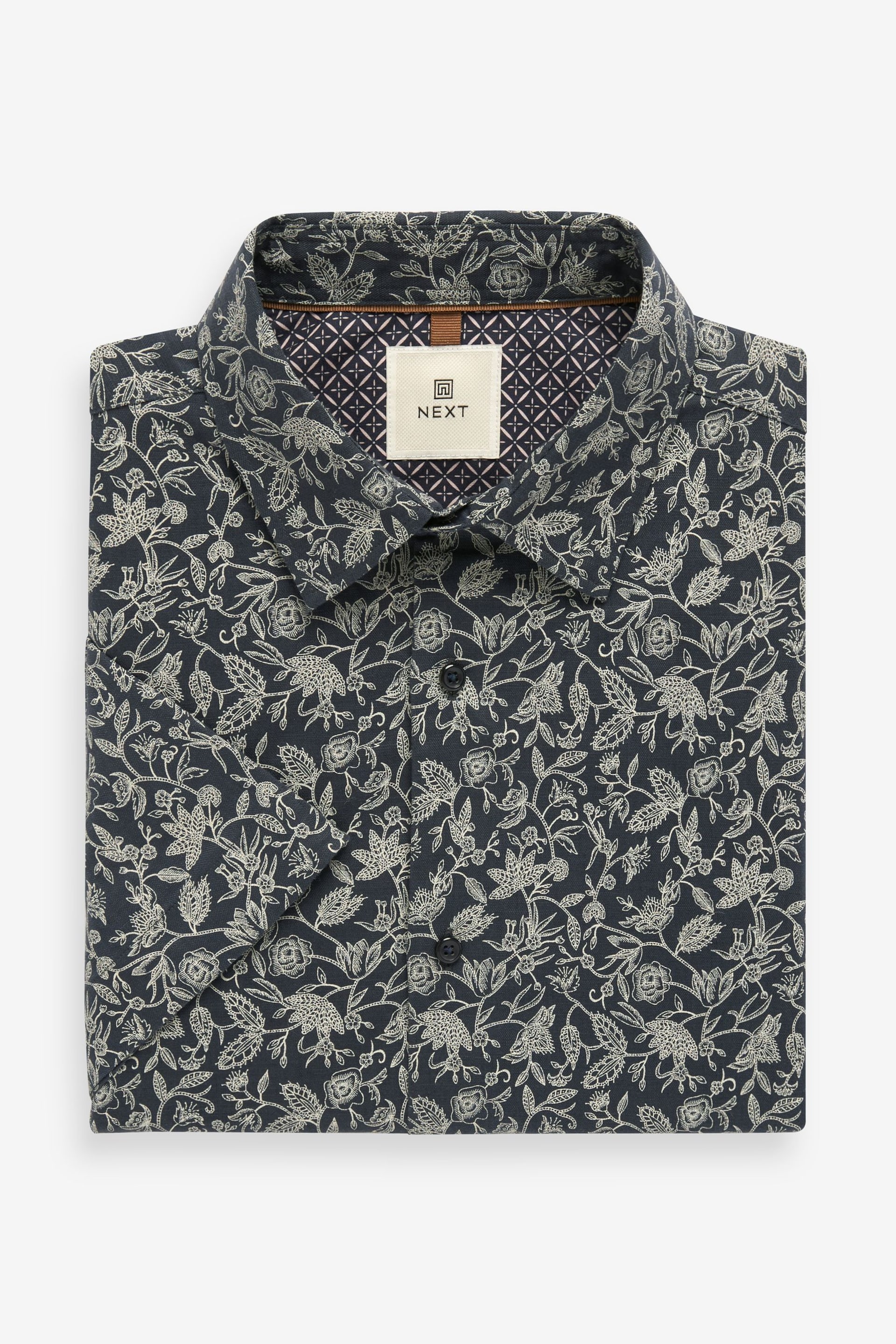 Navy Blue/Neutral Brown Floral Printed Linen Blend Shirt - Image 5 of 7