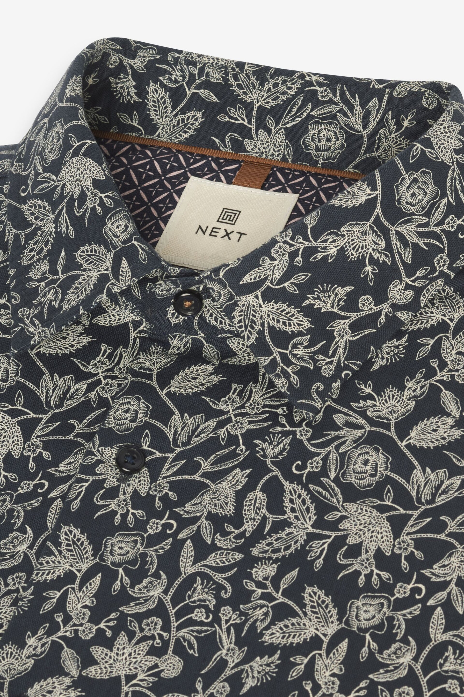 Navy Blue/Neutral Brown Floral Printed Linen Blend Shirt - Image 7 of 7