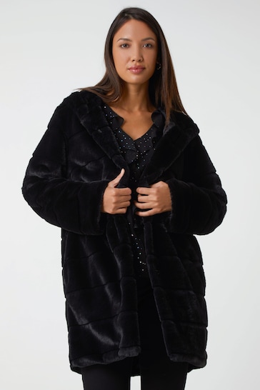 Roman Black Faux Fur Hooded Longline Coat