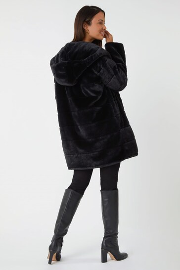 Roman Black Faux Fur Hooded Longline Coat