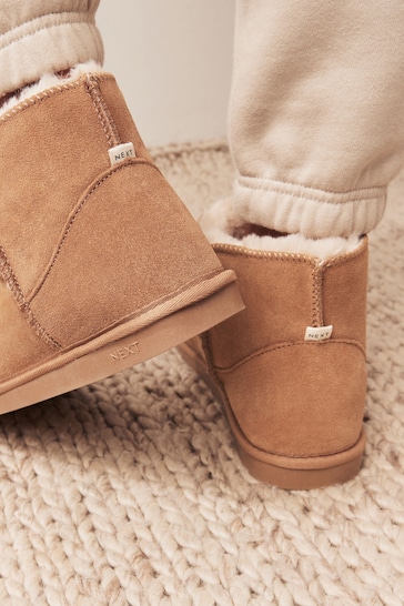 Tan Brown Faux Fur Lined Suede Slipper Boots