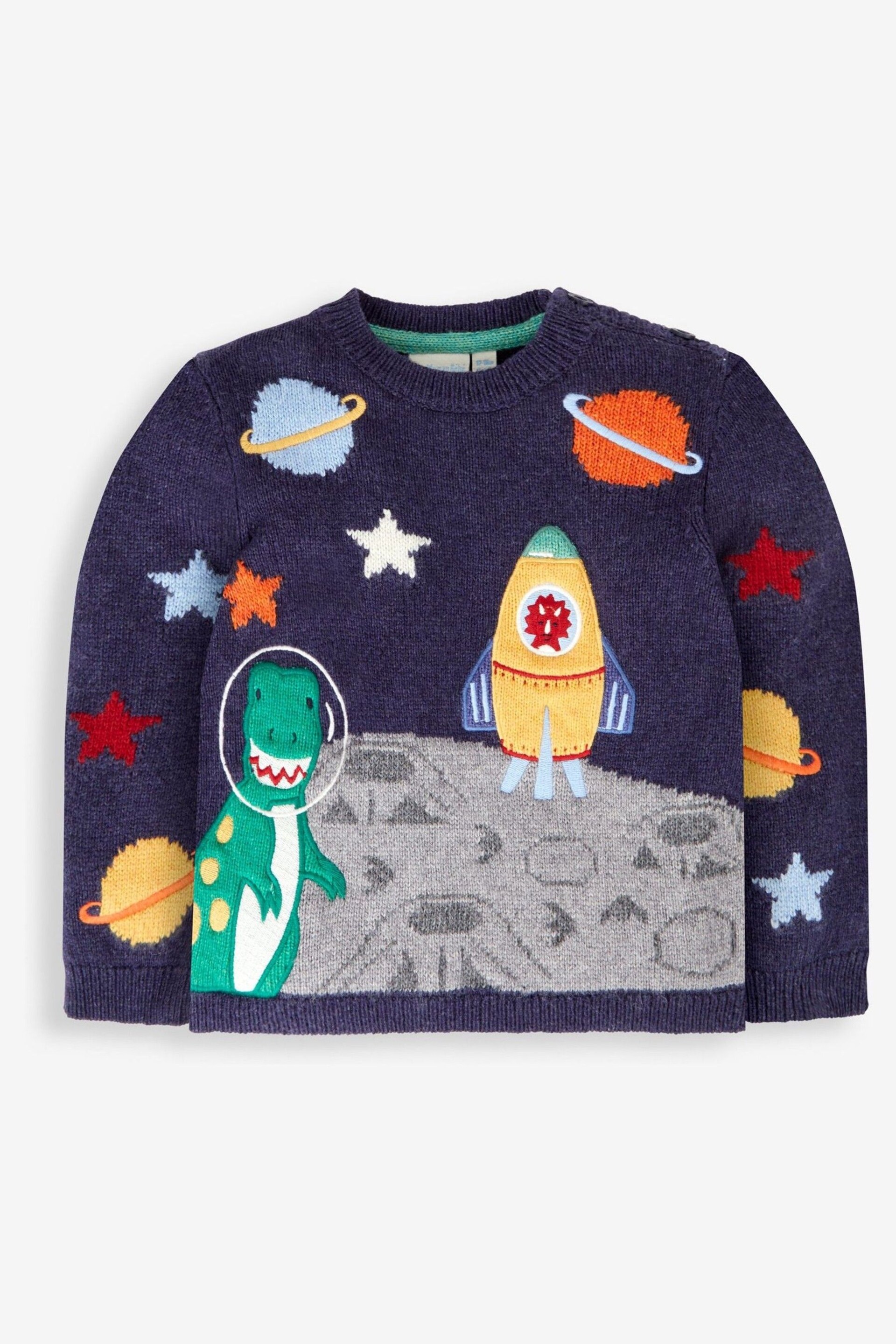 JoJo Maman Bébé Navy Blue Space Dino Appliqué Scene Jumper - Image 1 of 3