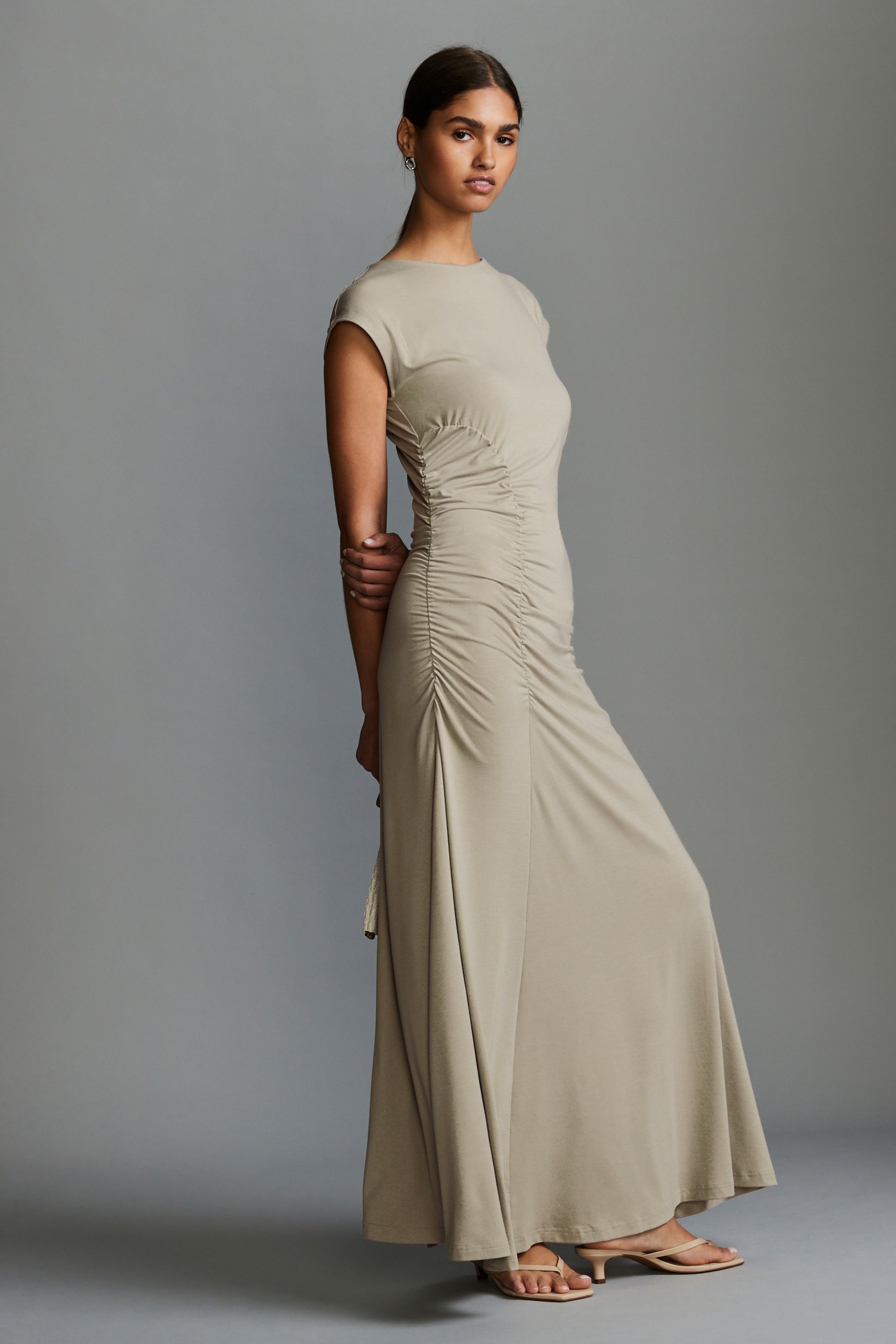 Natural Stone Ruched Cap Sleeve A Line Maxi Dress