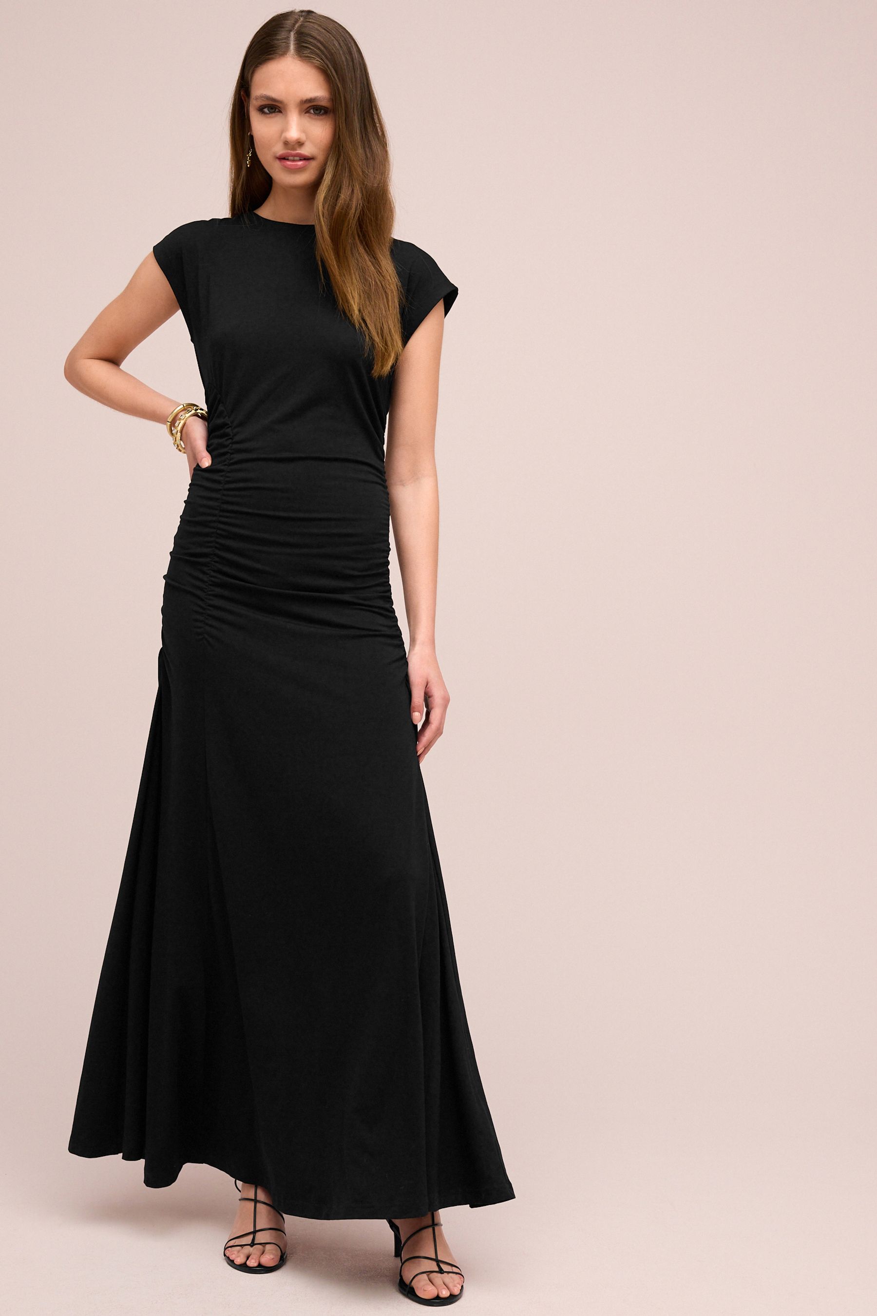 Black Ruched Cap Sleeve A Line Maxi Dress