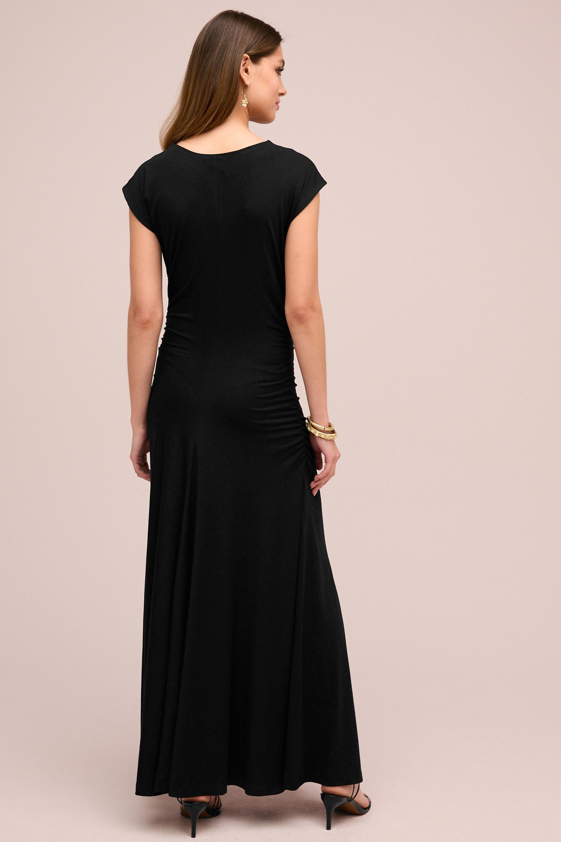 Black Ruched Cap Sleeve A Line Maxi Dress