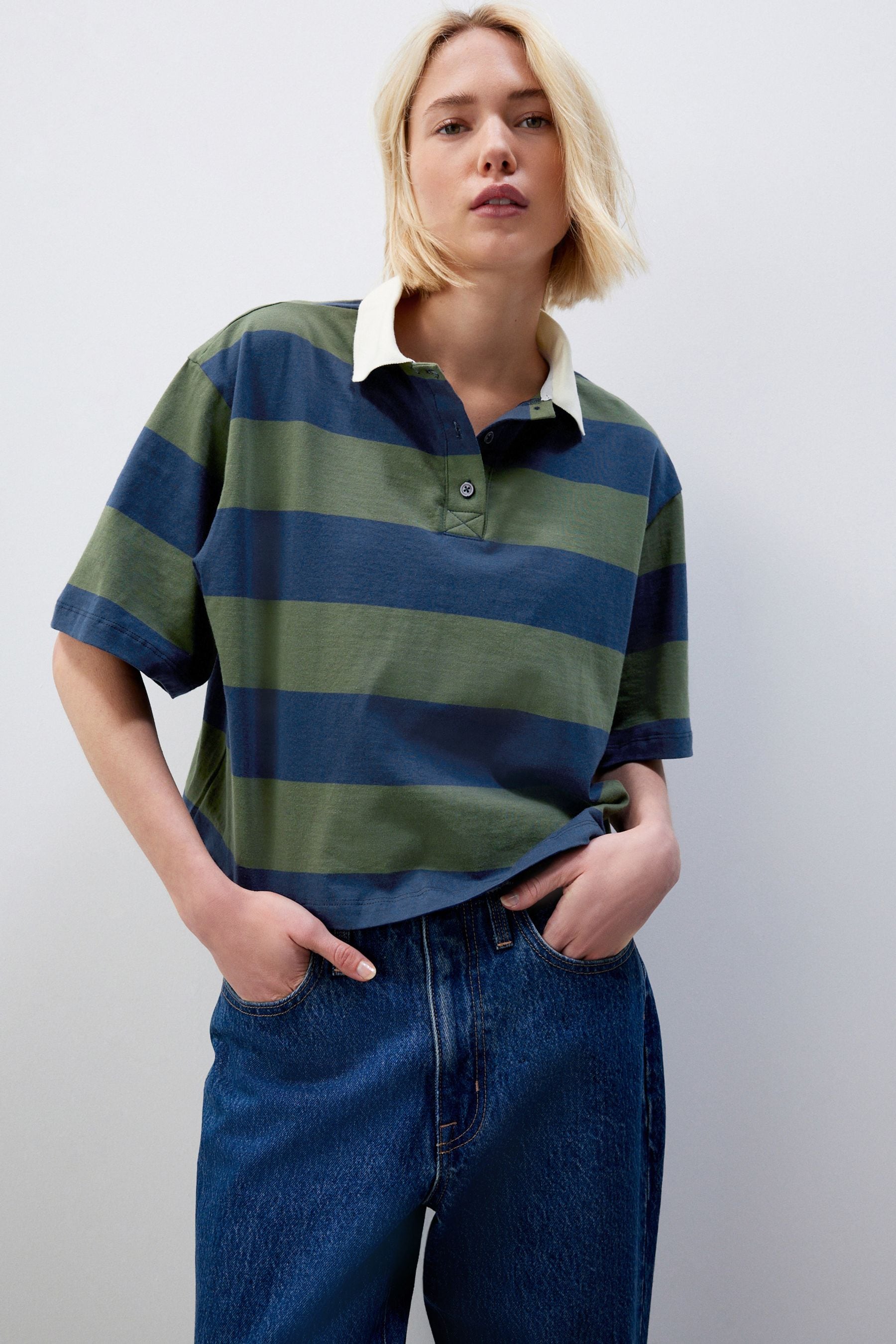 Buy Green Navy Stripe 100 Cotton Stripe Rugby Polo Shirt from Next Luxembourg