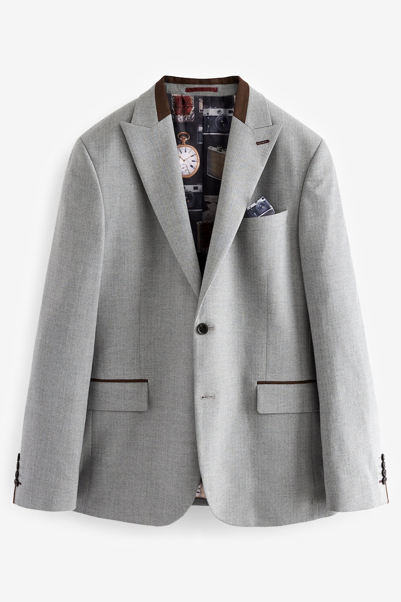 Grey Slim Fit Slim Fit Herringbone Suit Jacket - Image 5 of 11