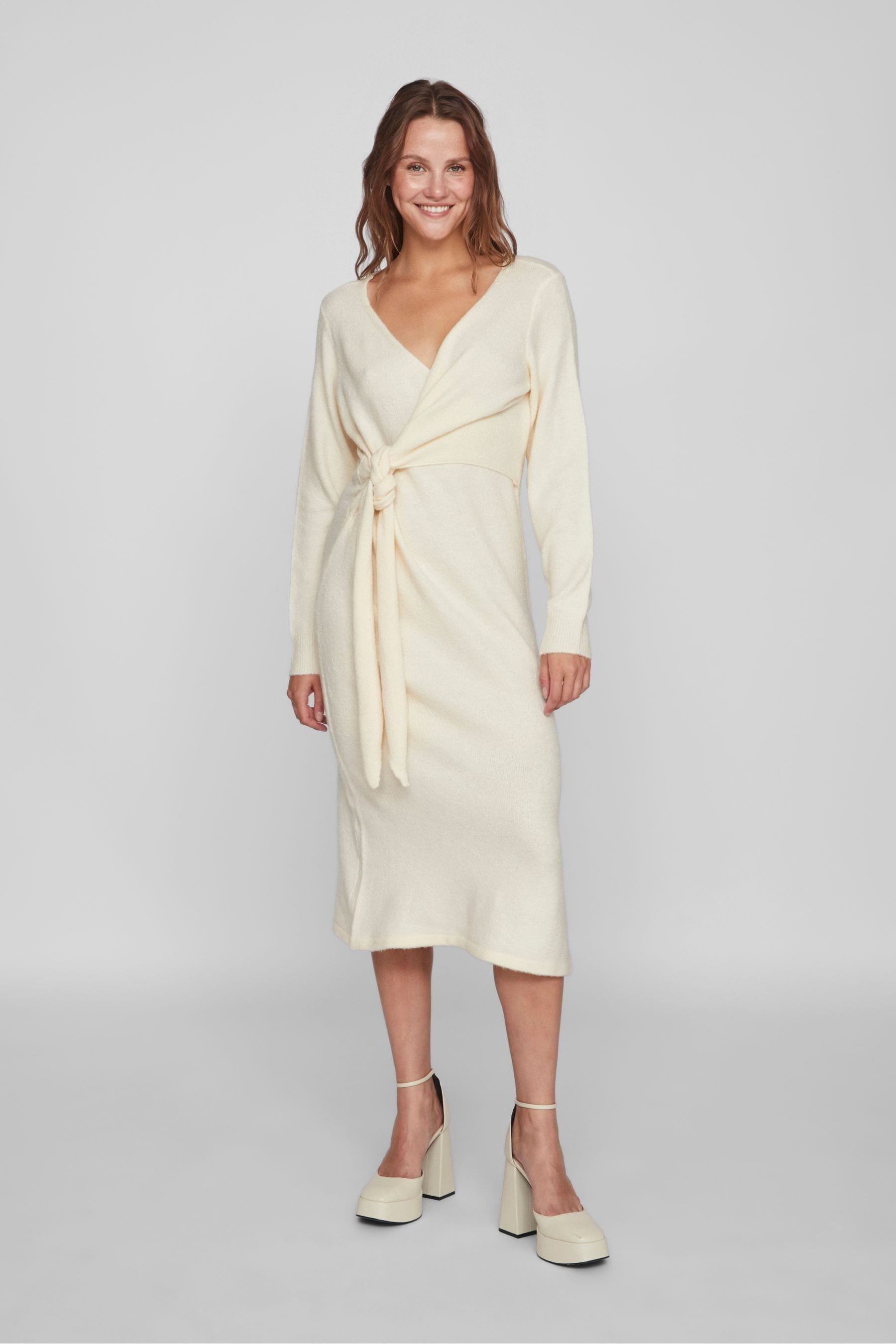 Cream wrap dress with sleeves hot sale