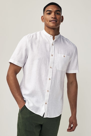 White Grandad Collar Linen Blend Short Sleeve Shirt