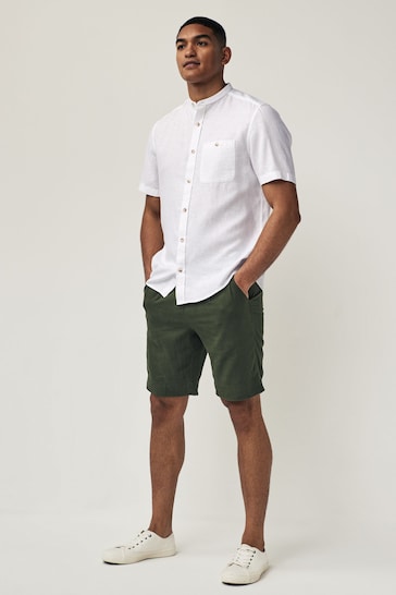 White Grandad Collar Linen Blend Short Sleeve Shirt