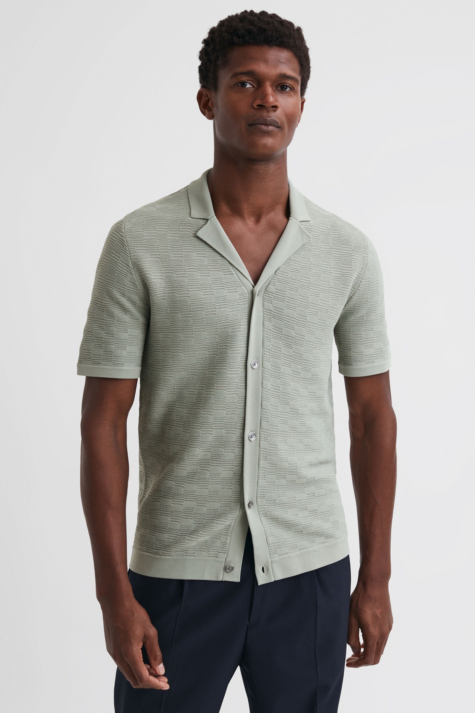 Reiss Sage Lunar Textured Cuban Collar Button-Through Shirt - Image 1 of 5