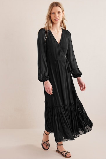 Boden Black Wrap Maxi Print Dress