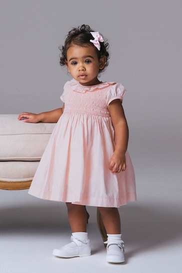 Trotters London Pink Willow Rose Hand Smocked Dress