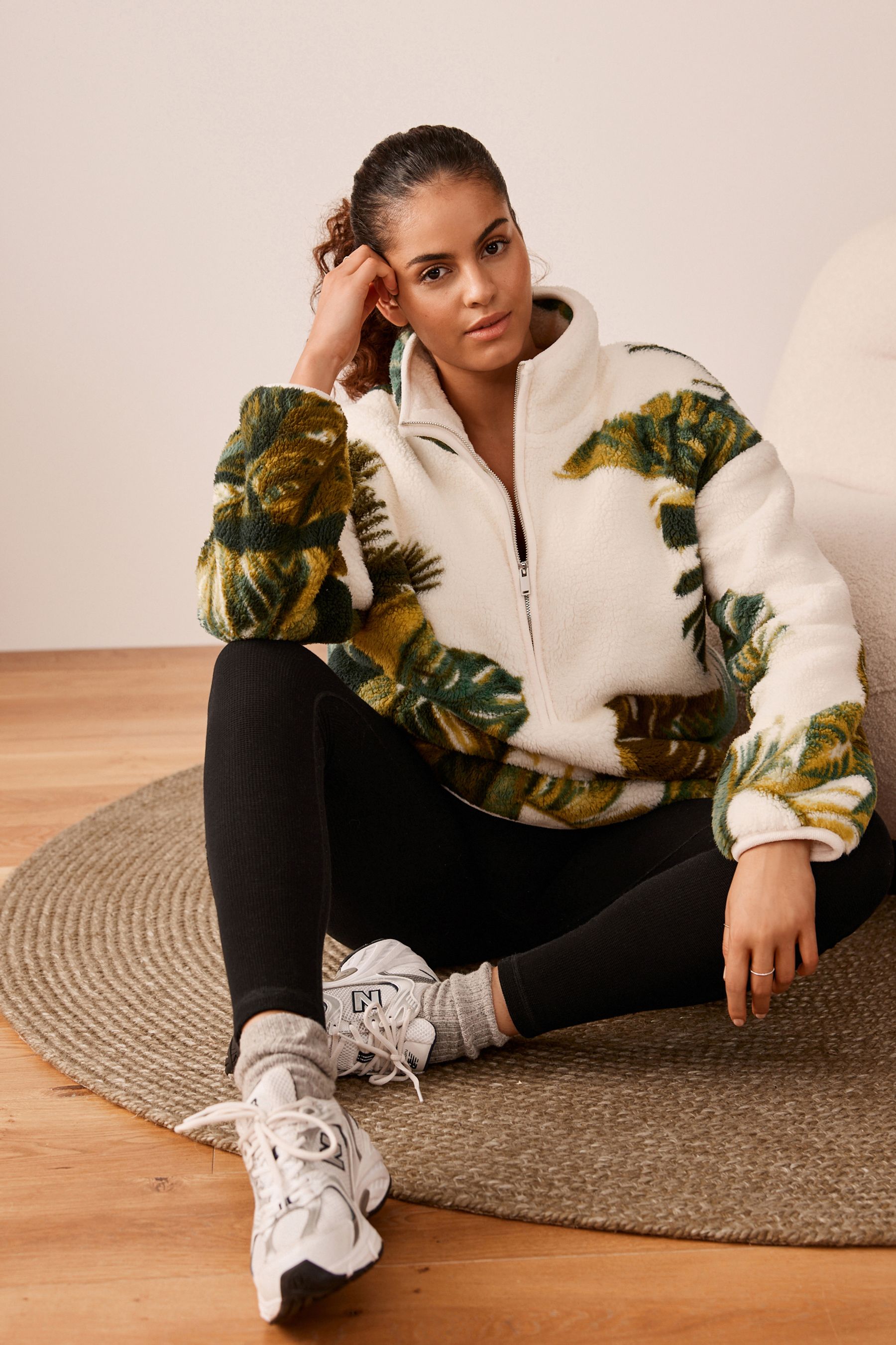 Buy Ecru Cream Leaf Print Half Zip Fleece Borg Top from Next Luxembourg