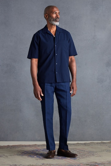 Blue Slim Fit Signature Leomaster Linen Suit: Trousers