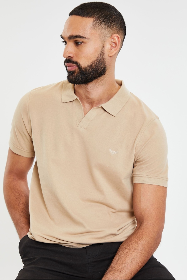 Threadbare Stone 100% Cotton Open Collar Pique Polo Shirt - Image 1 of 4