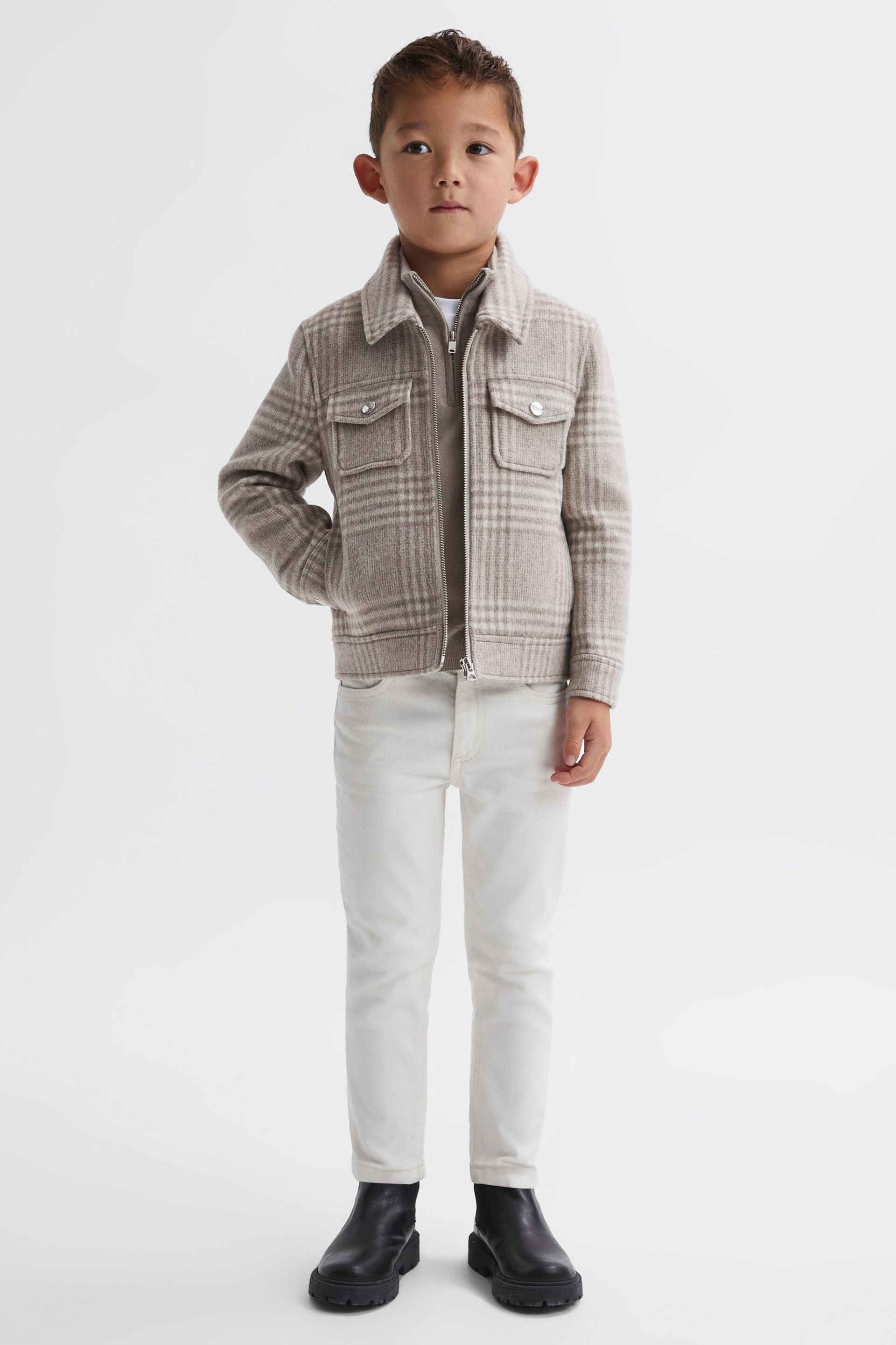 Reiss Oatmeal Check Peridoe Junior Wool Trucker Jacket - Image 3 of 5