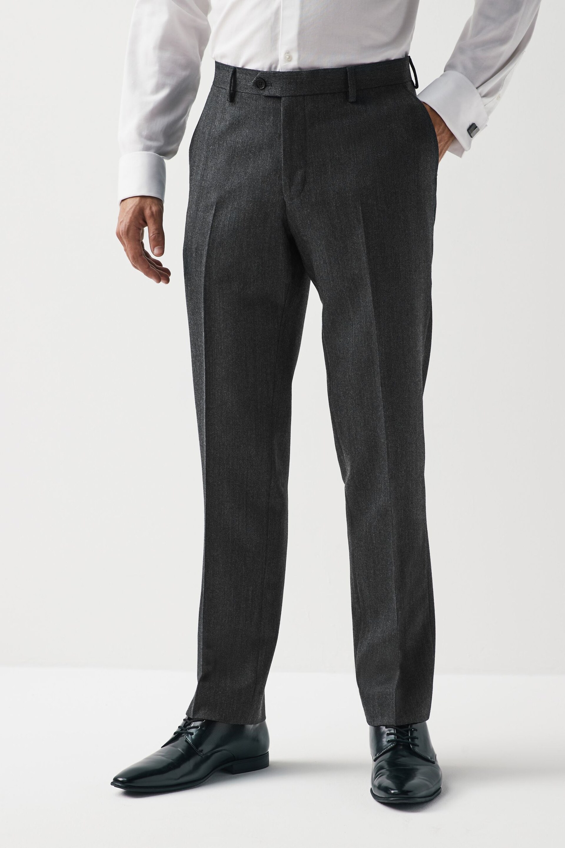 Grey Tailored Wool Blend Herringbone Suit Trousers - Image 1 of 8