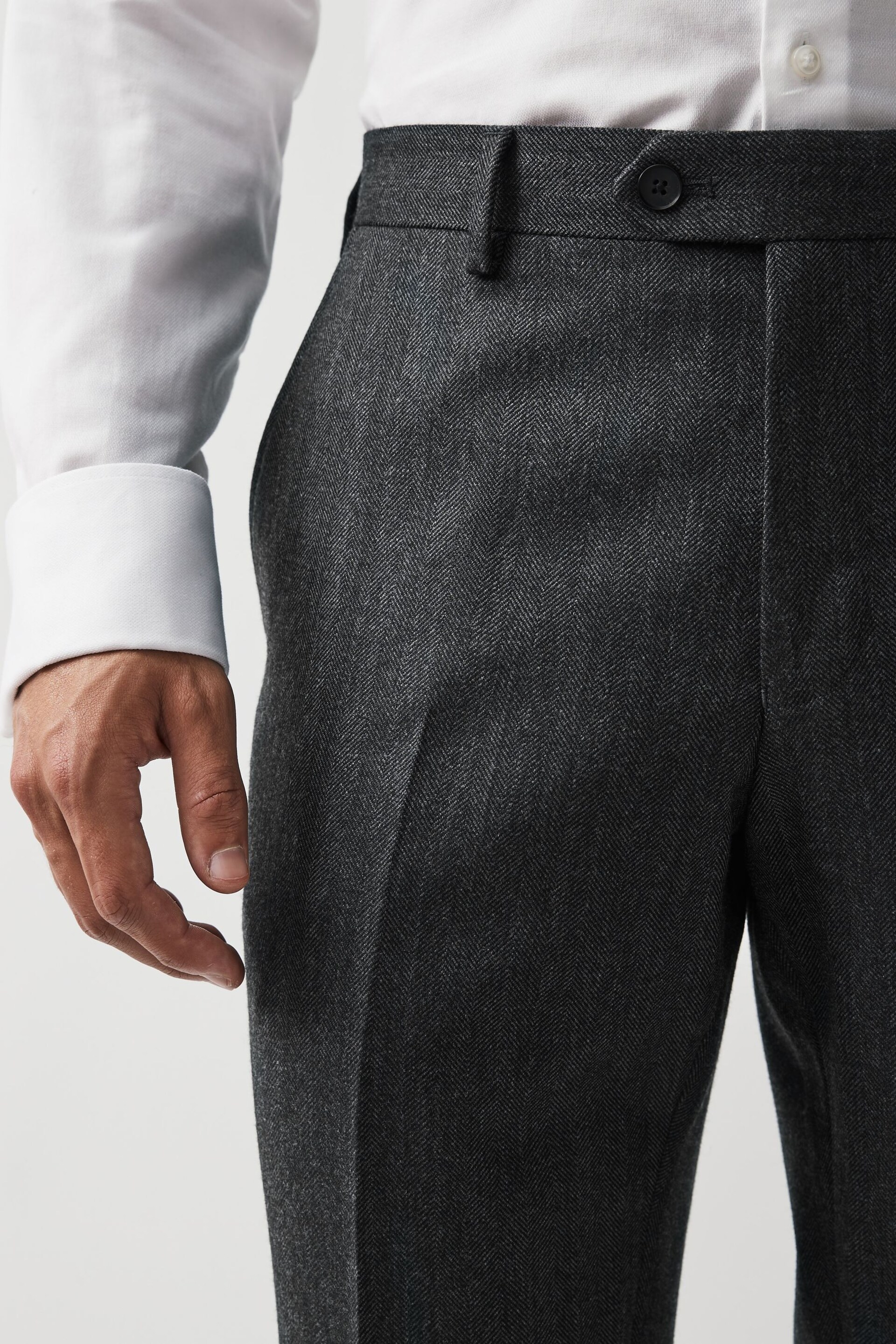 Grey Tailored Wool Blend Herringbone Suit Trousers - Image 3 of 8