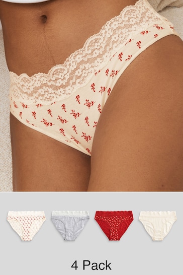 Cream/Grey/Red High Leg Cotton and Lace Knickers 4 Pack