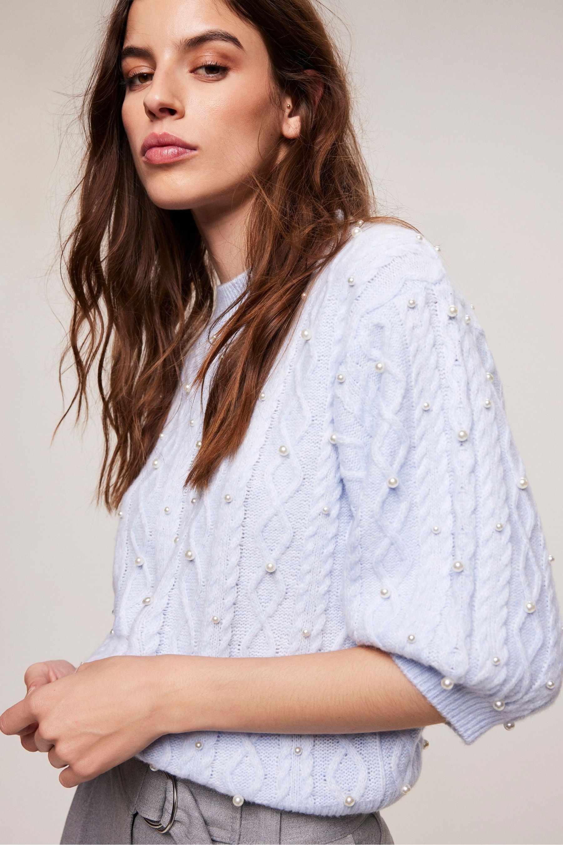 Buy Mint Velvet Blue Pearl Cable Knit Top from Next Luxembourg