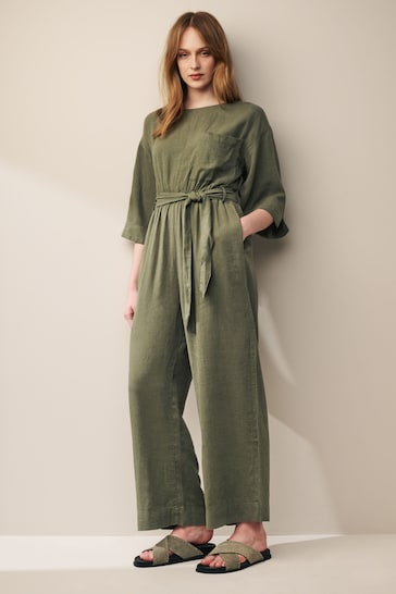 Khaki Green Jumpsuit With Linen
