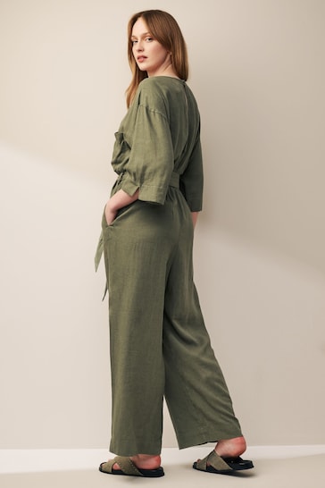 Khaki Green Jumpsuit With Linen
