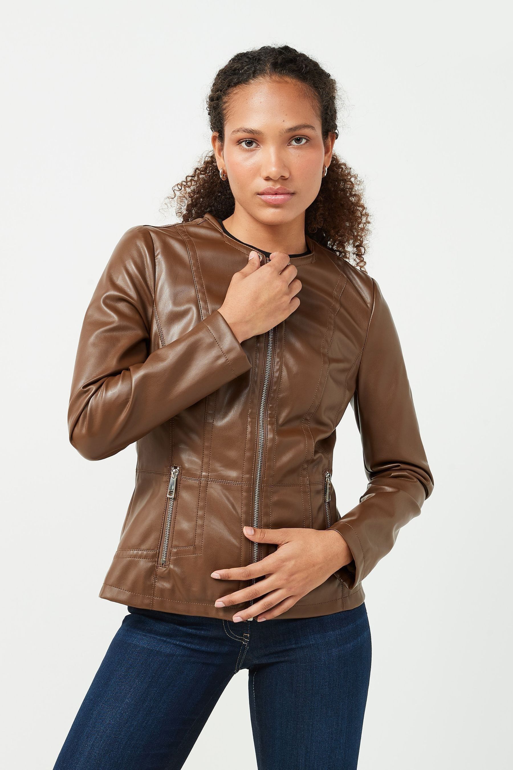 Buy Urban Code Light Brown Saint Smith Collarless Zip Detail Faux Leather Jacket from Next Luxembourg