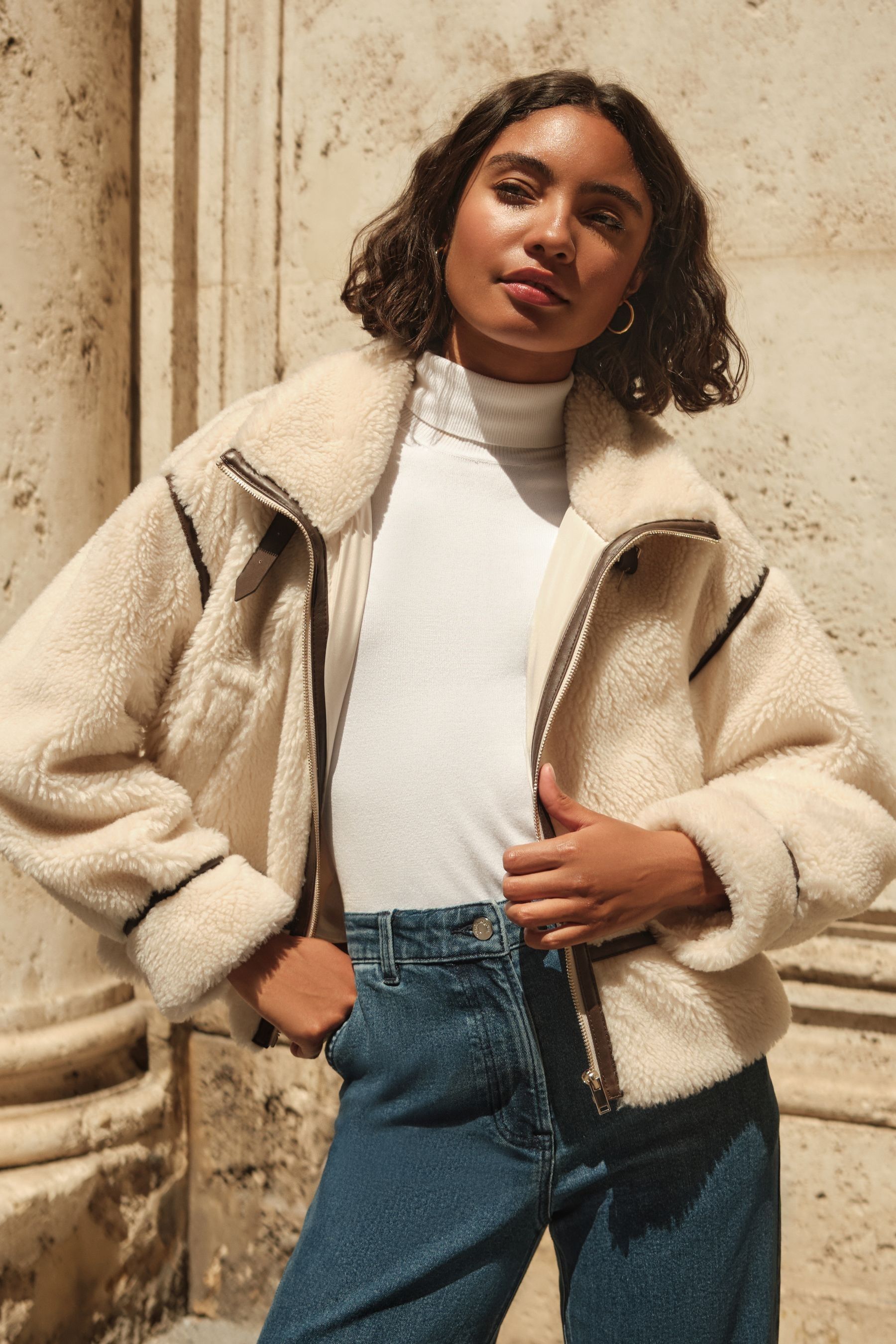 Buy Friends Like These Cream Tipped Borg Bomber Jacket from Next Luxembourg