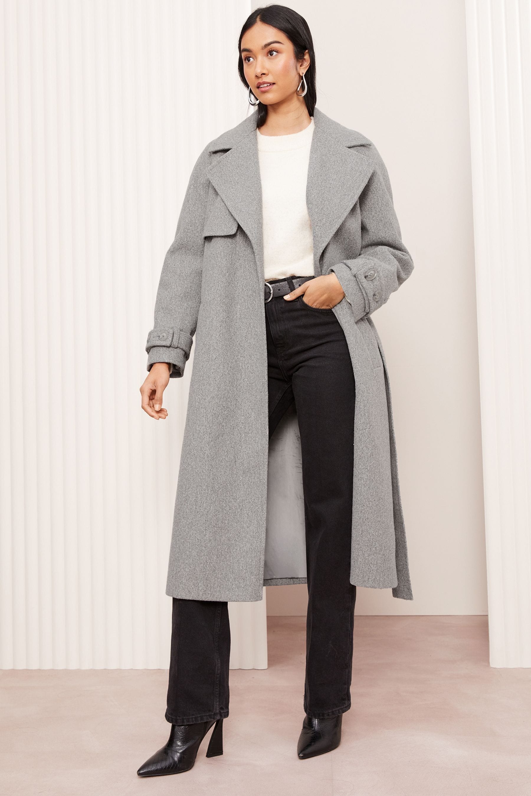 Grey wrap belted coat sales