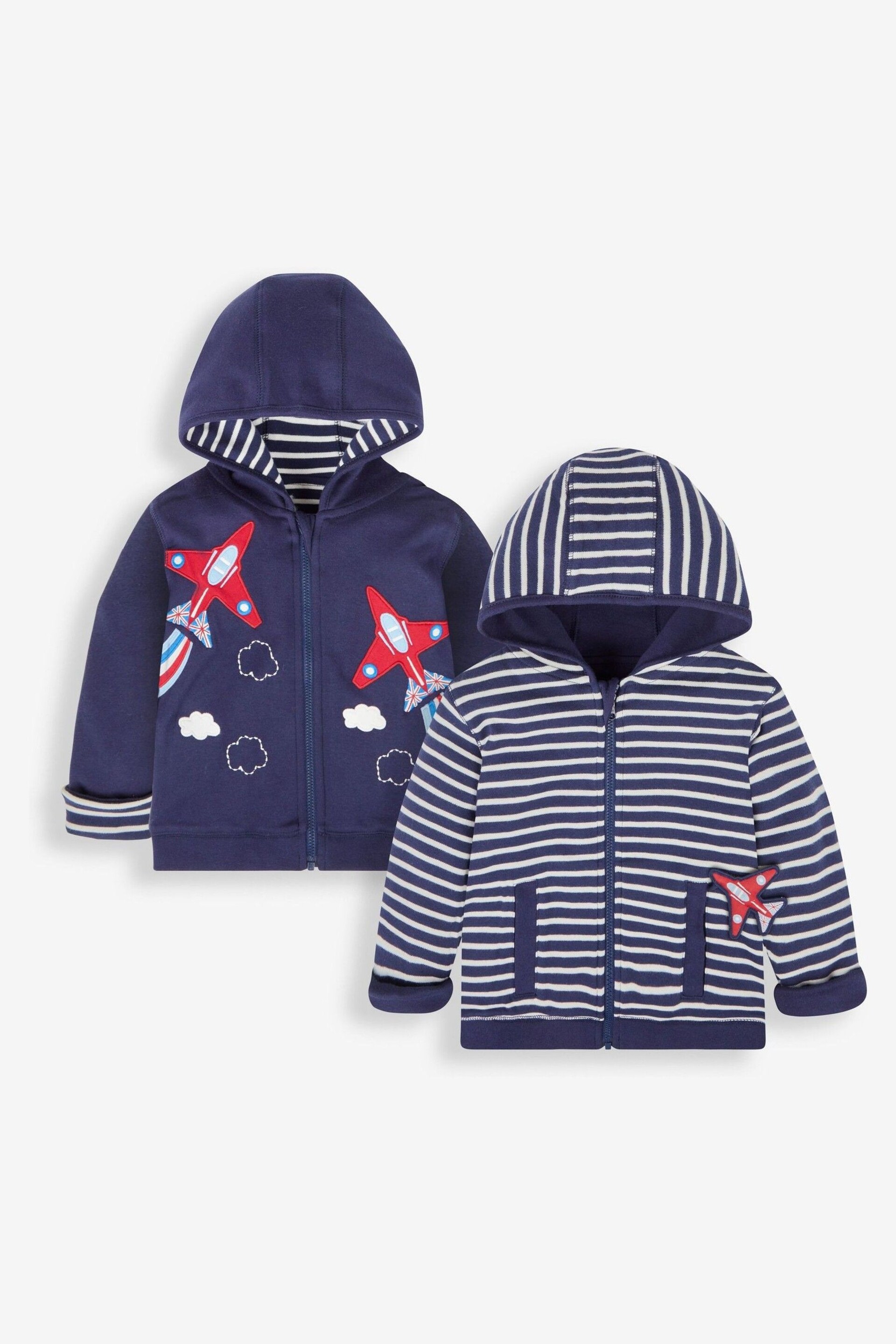 JoJo Maman Bébé Navy Blue Red Arrows Appliqué Reversible Hoodie - Image 1 of 7