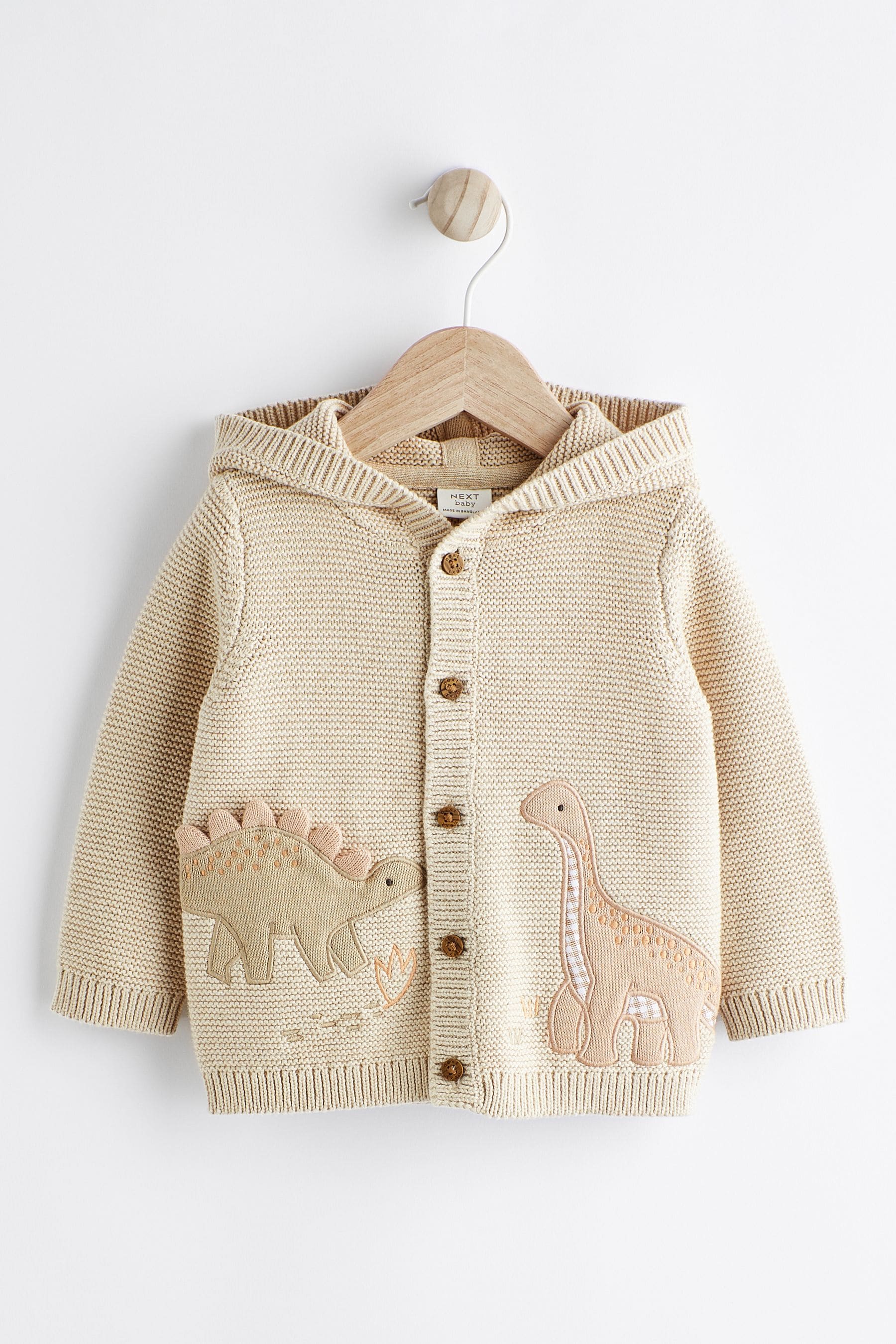 Cream Dinosaur Baby Knitted 100 Cotton Hooded Cardigan 0mths 2yrs