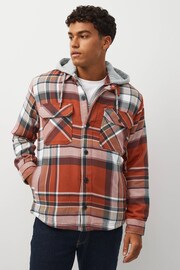 Rust Brown Borg Lined Check Shacket with Hood - Image 2 of 9