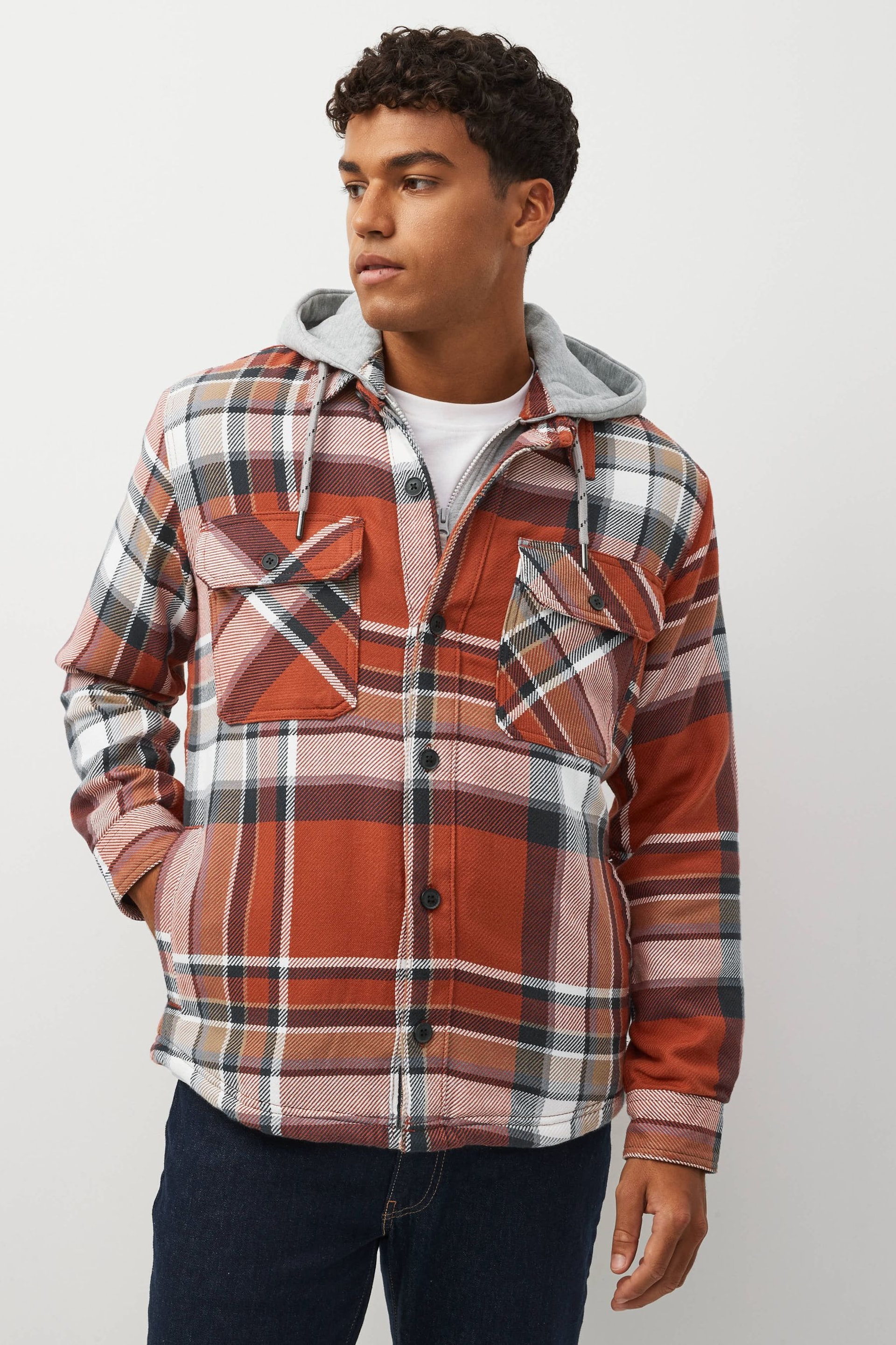 Rust Brown Borg Lined Check Shacket with Hood - Image 2 of 9