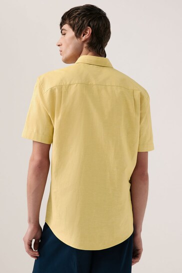 Yellow Regular Fit Trimmed Linen Blend Short Sleeve Shirt